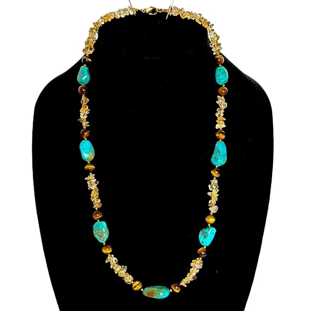 TURQUOISE CITRON CAT EYE gemstones necklace 24" long gorgeous vintage
